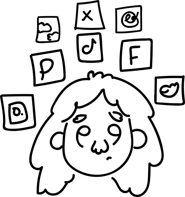 Um ilustração em cartoon minha olhando para vários ícones de redes sociais