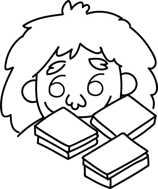 Uma ilustração em cartoon minha, saindo de trás de vários livros, como uma gigante.