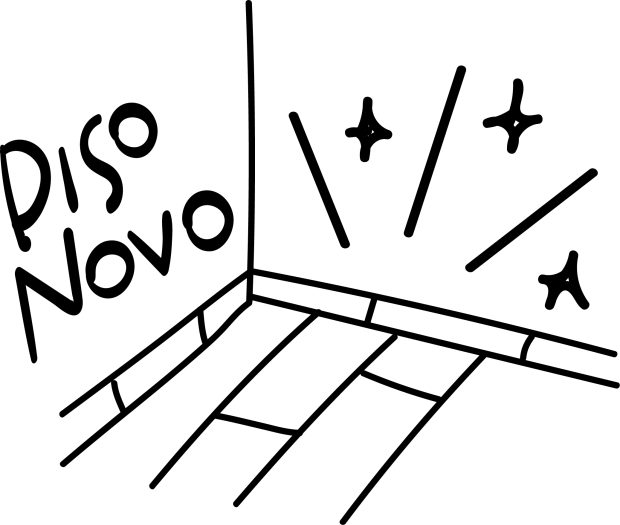 Uma ilustração de um canto de parede com piso, escrito piso novo e estrelinhas